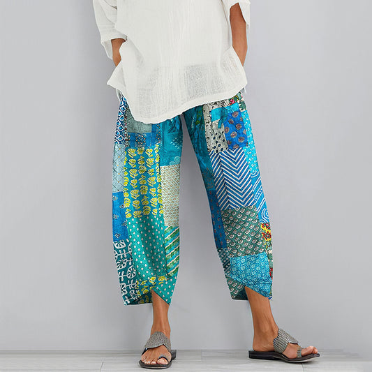 Bohemian Geometric Floral Art Linen Blend Pants artswardrobe