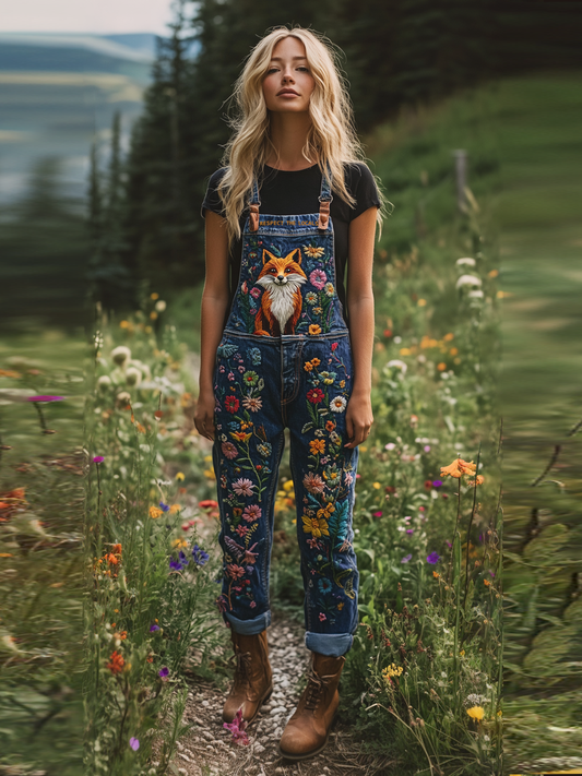Respect The Locals Fox Floral Embroidered Denim Overalls artswardrobe