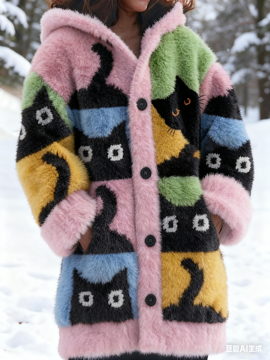 Comstylish Cute Cozy Cats In Patchwork Art Cozy Knit Hooded Cardigan