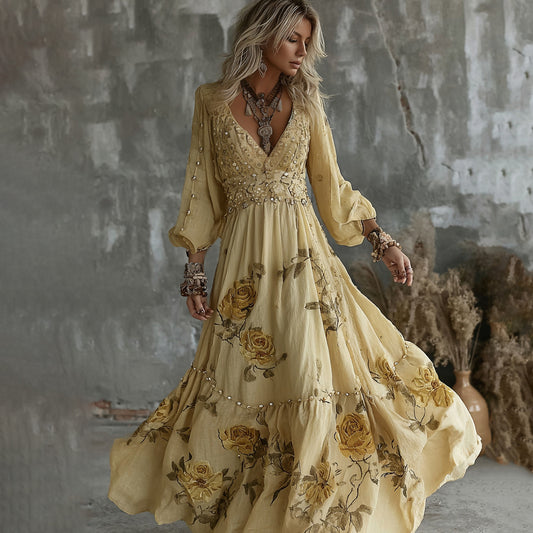 Comstylish Women's Yellow Roses And Floral Art Print V-neck Long Sleeve Maxi Dress