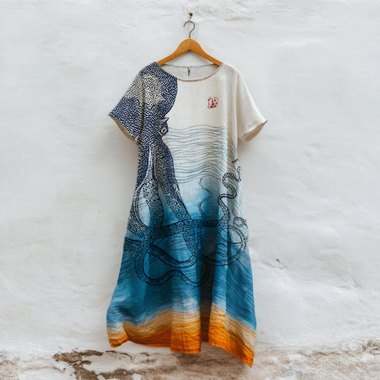 Japanese Octopus In Gradient Art Linen Tank Dress artswardrobe