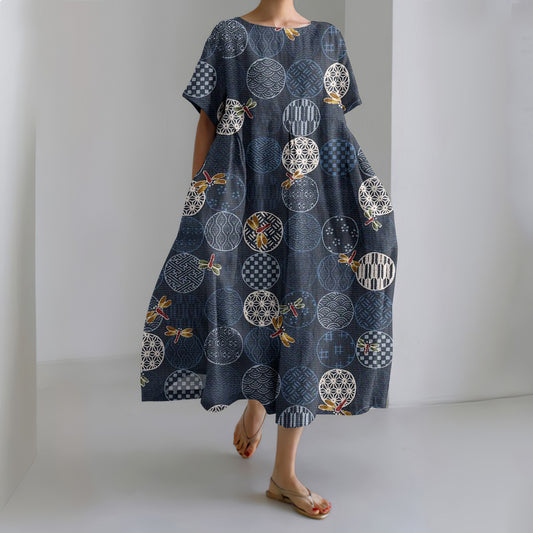 Comstylish Vintage Japanese Art Print Round Neck Loose Midi Dress
