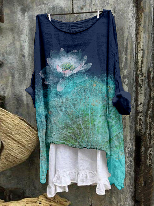 Comstylish Vintage Lotus Flower Art Linen Blend Flowy Tunic