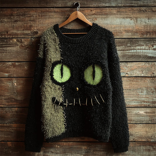 Comstylish Halloween Fuzzy Black Cat Inspired Contrast Cozy Knit Sweater