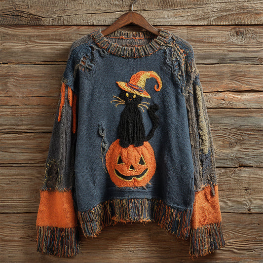 Halloween Witch Cat & Pumpkin Vintage Patchwork Art Women's Knit Sweater elevenforest