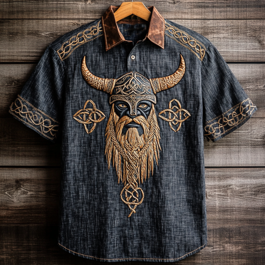 Men's Viking Tribal Embroidery Art Linen T-shirt artswardrobe