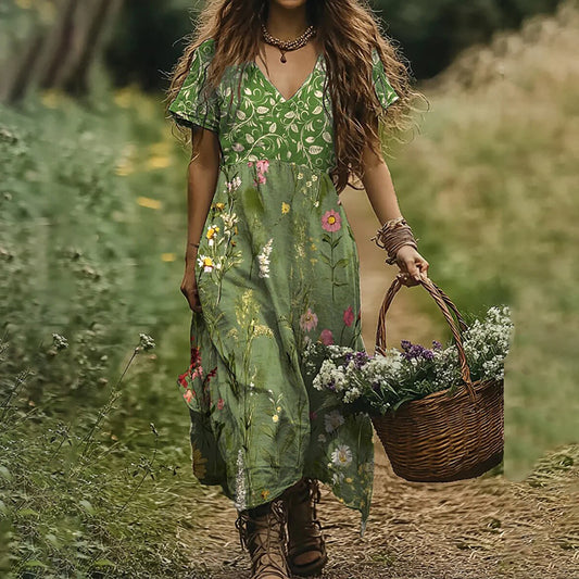 Women's Vintage Wildflower Art Linen V-neck Dress artswardrobe