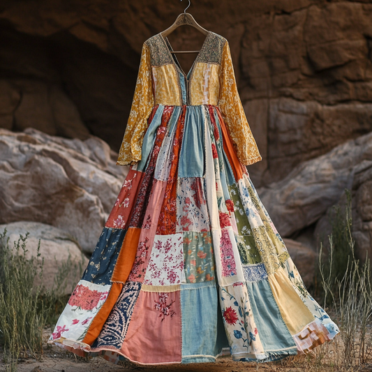 Women's Vintage Bohemian Patch Cotton And Linen Long Sleeve Dress artswardrobe