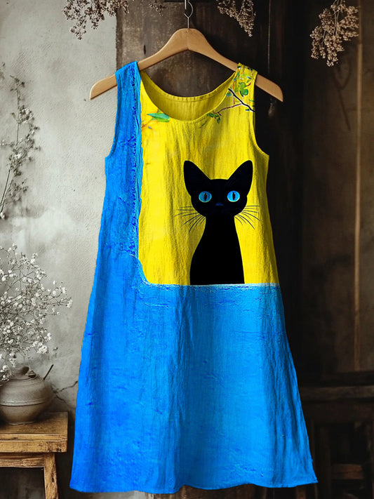 Comstylish Lovely Black Cat Art Pattern Linen Tank Dress