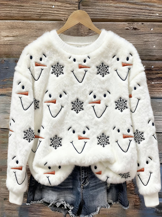 Comstylish Snowman Faces & Snowflakes Embroidered Cozy Plush Sweatshirt