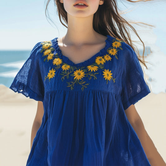 Vintage Sunflower Embroidered Art Cotton Linen Comfy V-neck Shirt artswardrobe