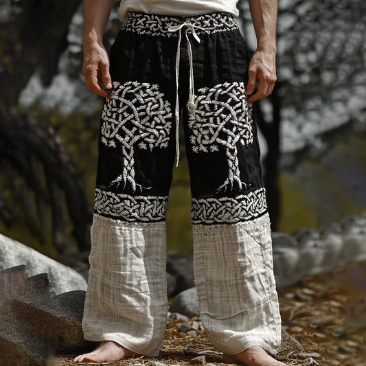 Vintage Viking Tree Of Life Art Linen Loose Wide-leg Pants artswardrobe