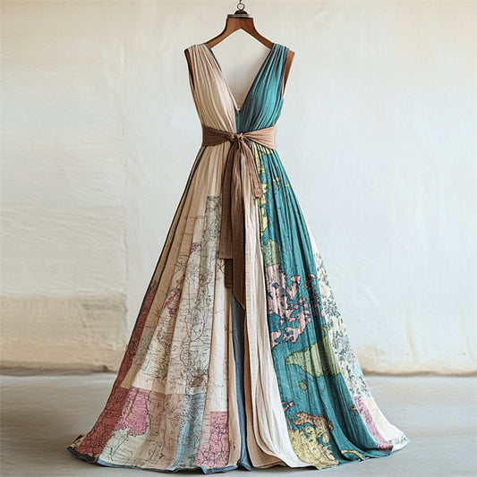 Vintage Map Contrast Patchwork Linen Maxi Dress artswardrobe