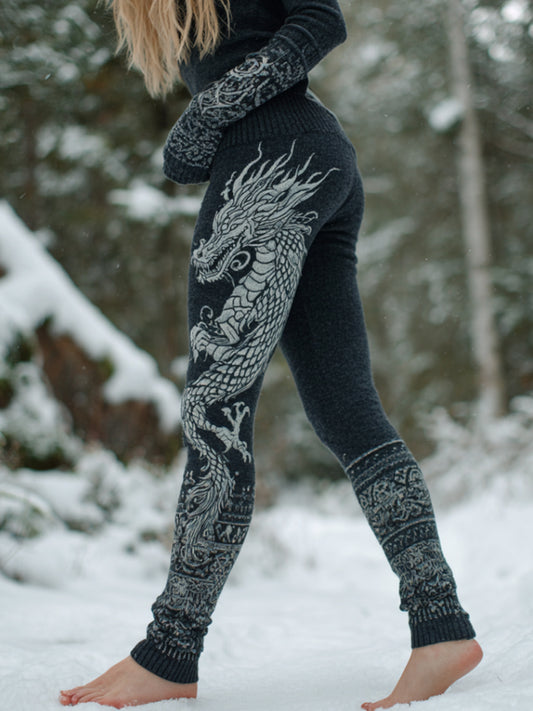 Comstylish Women's Viking Dragon Totem Knit Leggings