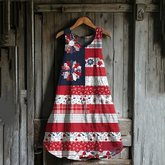 Vintage Loose Independence Day American Beauty Flag Panel Art Linen Tank Dress artswardrobe