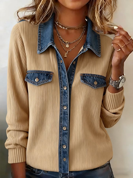 Women'S Casual Lapel Contrast Color Stitching Shirt 