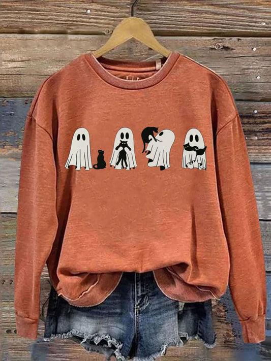 Ghost Playing With Cat Halloween Print Casual Sweatshirt elevenforest