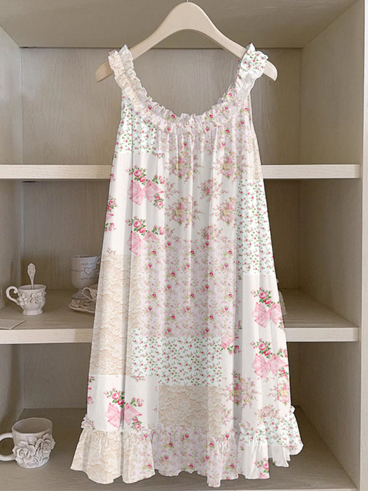 Vintage Cottagecore Floral Patchwork Ruffle Trim Linen Dress artswardrobe