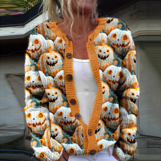 Knit Fall Pumpkin Halloween Art Women's Sweater Cardigan artswardrobe