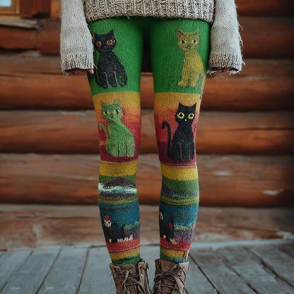 Comstylish Christmas Fun Cat Knitting Tight-fitting Leggings