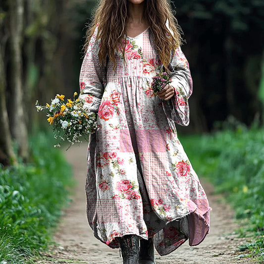 Comstylish Vintage Floral Art Cotton Linen Comfy Maxi Dress