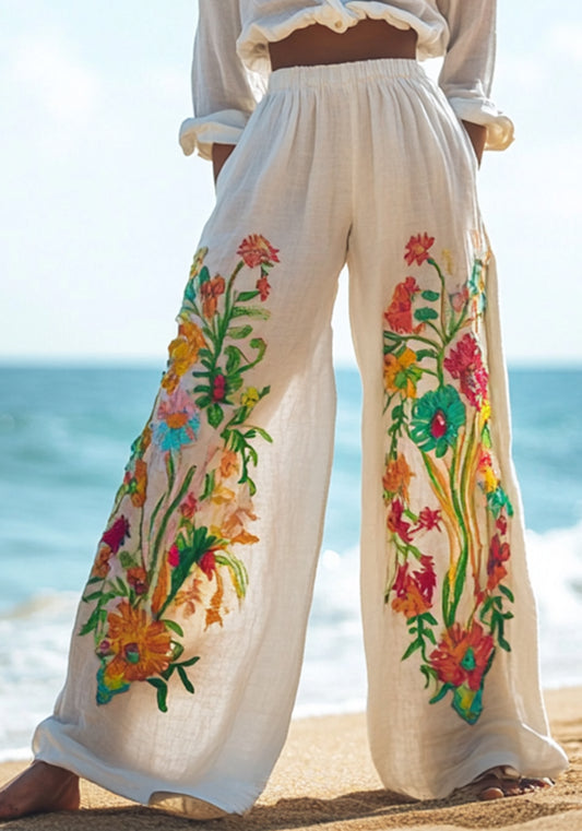 Women's Floral Embroidery Art Linen Casual Pants artswardrobe