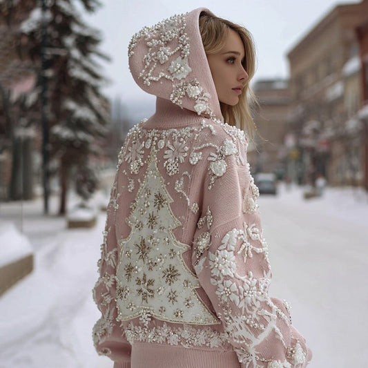 Women's Rhinestone Christmas Tree Patchwork Knitted Hooded Sweater artswardrobe