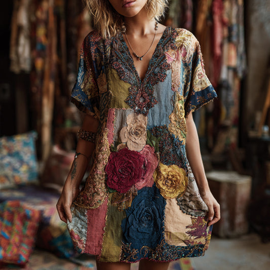 Bohemian Three-dimensional Patchwork Flower Embroidery Pattern Vintage V-neck Short-sleeved Long Dress artswardrobe
