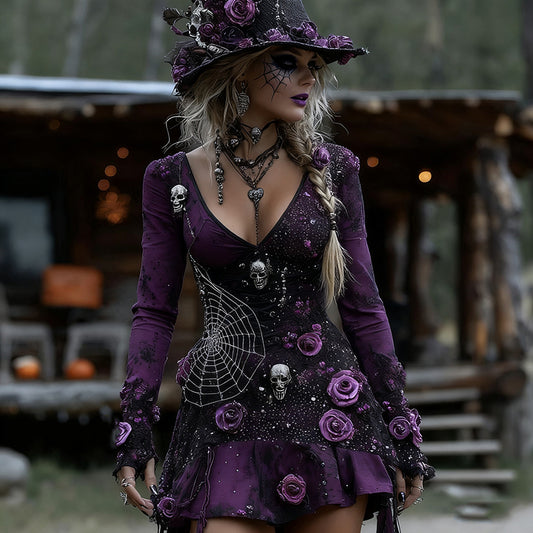 Comstylish Women's Witch Rhinestone Skull Flower Spider Web Midi Dress