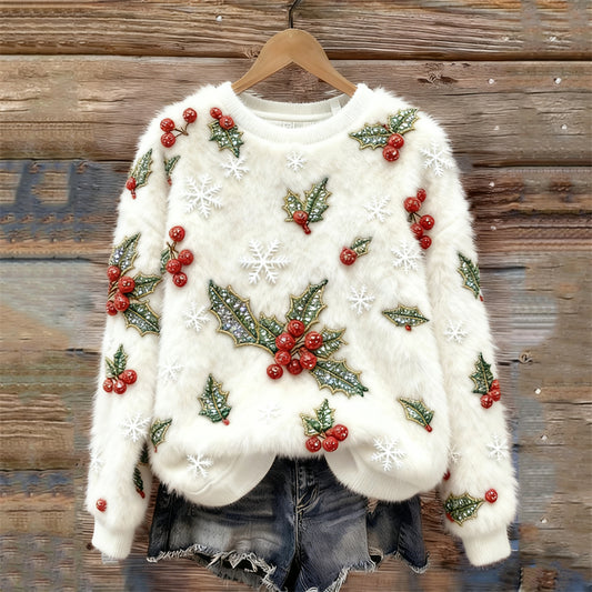 Comstylish Christmas Berries &snowflakes Embroidered Cozy Plush Sweatshirt
