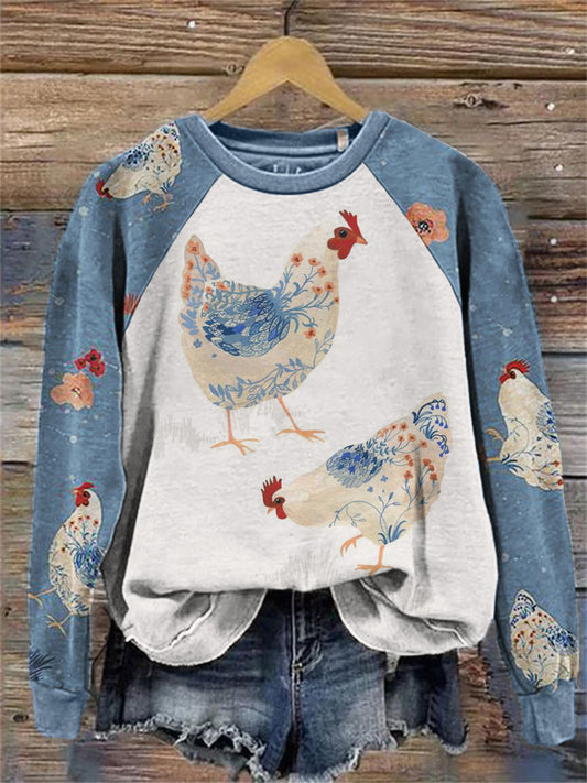 Comstylish Farm Chicken Floral Contrast Raglan Sweatshirt
