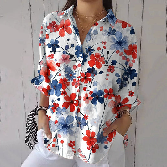 Comstylish Women's Retro Independence Day Floral Art Print Casual Shirt