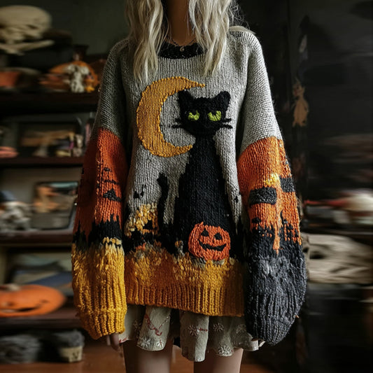 Comstylish Halloween Black Cat And Pumpkin Art Patch Cozy Knit Sweater