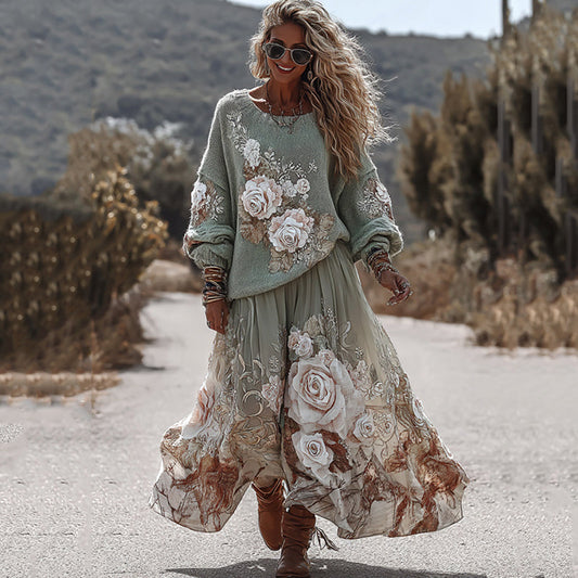 Classic Rose Art Cozy Knit Round Neck Sweater And Linen Skirt Two-piece Set elevenforest