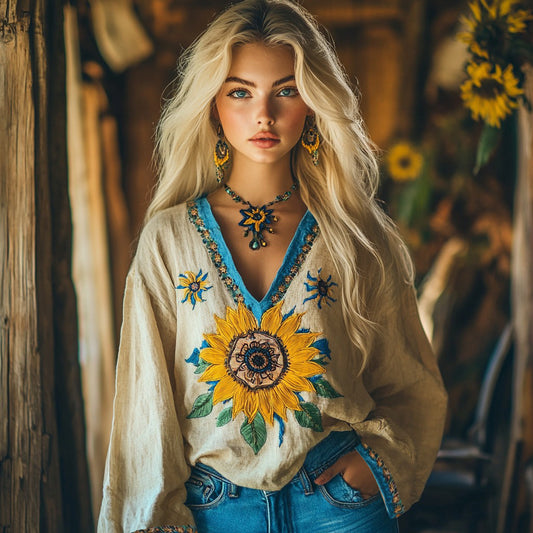 Ukraine Sunflower Embroidery Blend Linen V Neck Loose Blouse artswardrobe