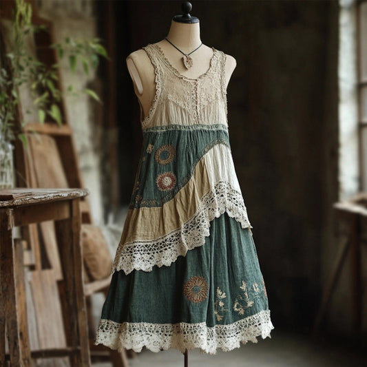 Vintage Lace Patchwork Comfy Linen Tank Dress artswardrobe