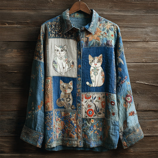 Comstylish Boho Cats & Floral Embroidery Women's Linen Long Sleeve Shirt