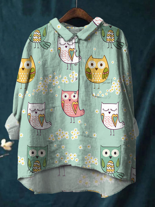 Cute Cartoon Hand Drawn Owl Daisy Printed Cotton And Linen Shirt