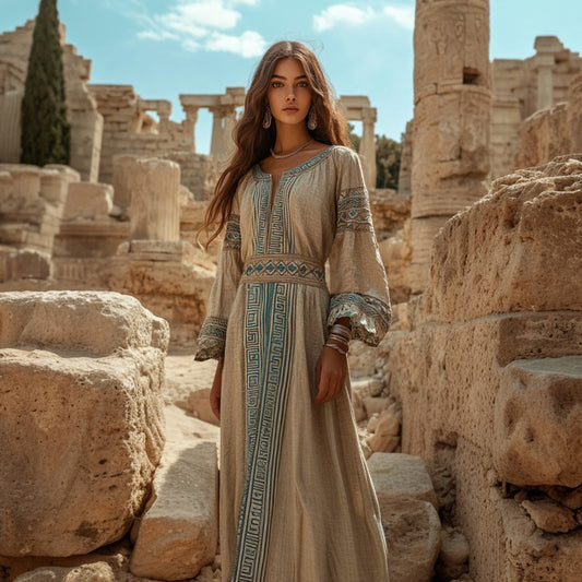 Retro Greek Key Small V Neck Linen Blend Maxi Dress artswardrobe