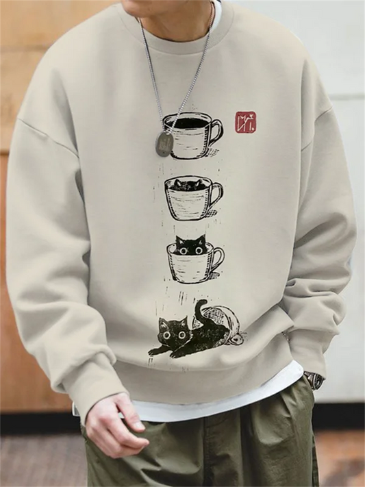 Men's Cat Coffee Cup Japanese Art Painting Print Cozy Sweatshirt elevenforest