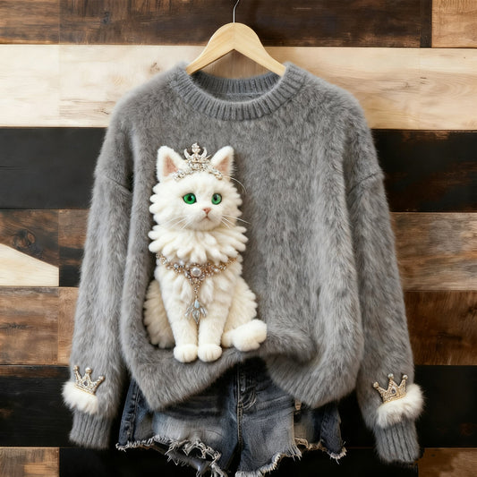 Cute Fluffy Cat Pattern Thick Pullover Sweater elevenforest