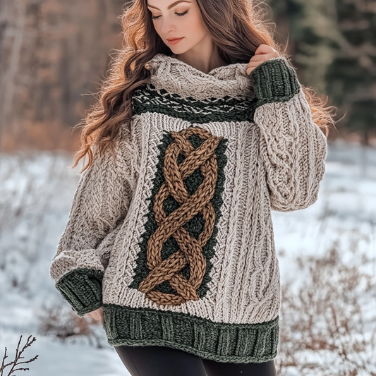 Women's Celtic Knot Vintage Cozy Chunky Knit Hooded Sweater artswardrobe