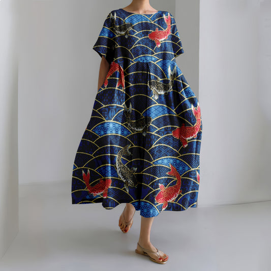 Comstylish Japanese Vintage Koi Art Casual Linen Blend Maxi Dress