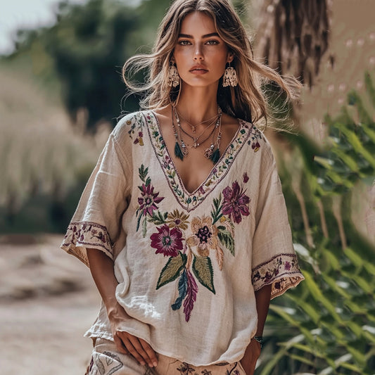 Women's Floral Embroidery V Neck Casual Linen Top artswardrobe