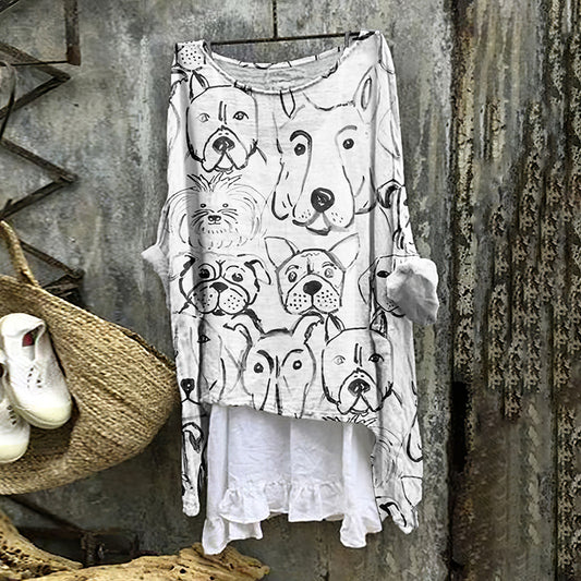 Comstylish Sketch Puppy Print Crew Neck Casual Shirt