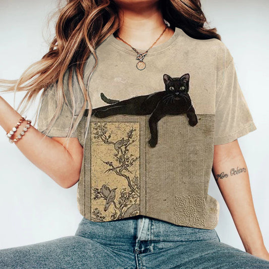 Women's Japanese Art Floral Cat Casual T-Shirt elevenforest