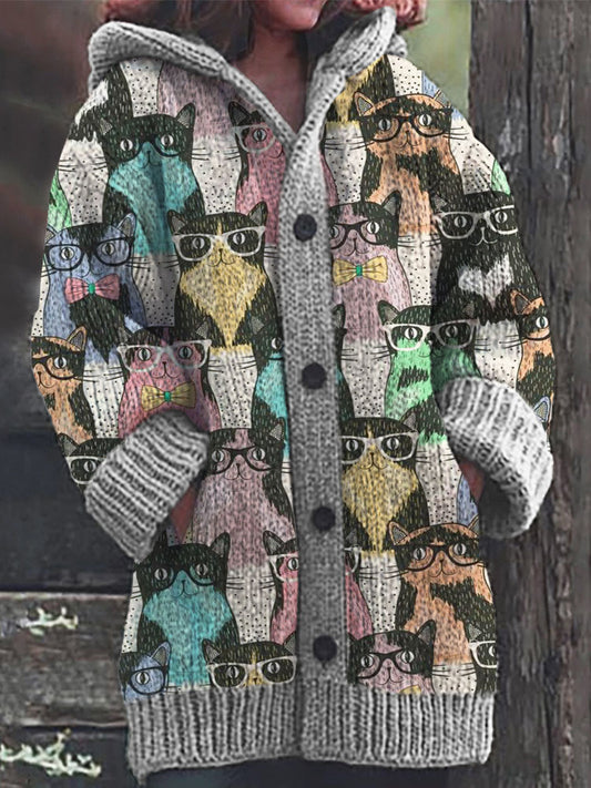 Colorful Cats Pattern Cozy Hooded Cardigan artswardrobe