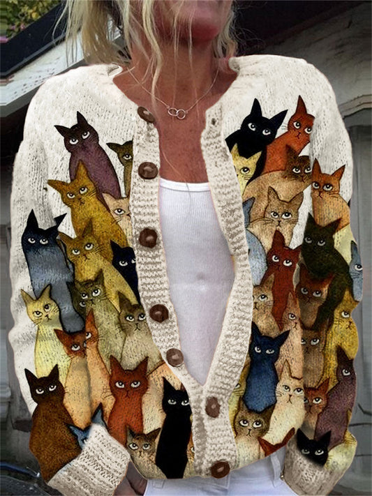 Colorful Cats Pattern Cozy Hooded Cardigan Sweater elevenforest