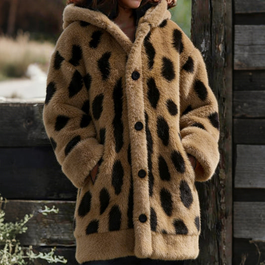 Comstylish Serval Cat Fur Skin Pattern Cozy Plush Hooded Cardigan