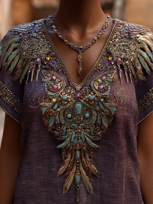 Western-style Feather Three-dimensional Embroidery Sequin V-neck Purple Short-sleeved Shirt artswardrobe